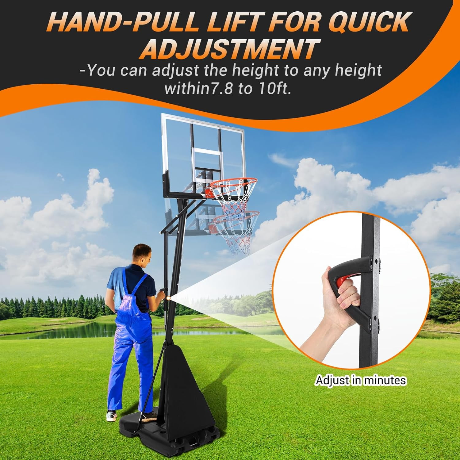 Lumiparty Basketball Hoop Outdoor 5.2-10Ft Portable, 47 Inch Shatterproof Backboard, Quick Adjustable Basketball Goal System for Adults in Swimming Pool Driveway Backyard, Black