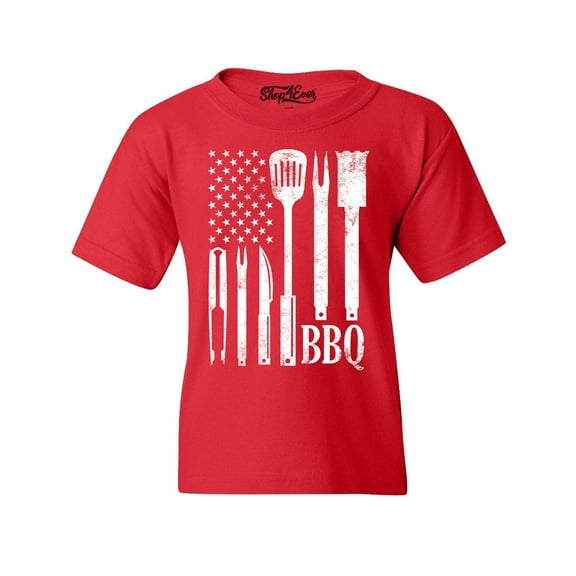 Shop4Ever Kids BBQ American Flag USA Grill Cook Graphic Child's Youth T-Shirt Large Red