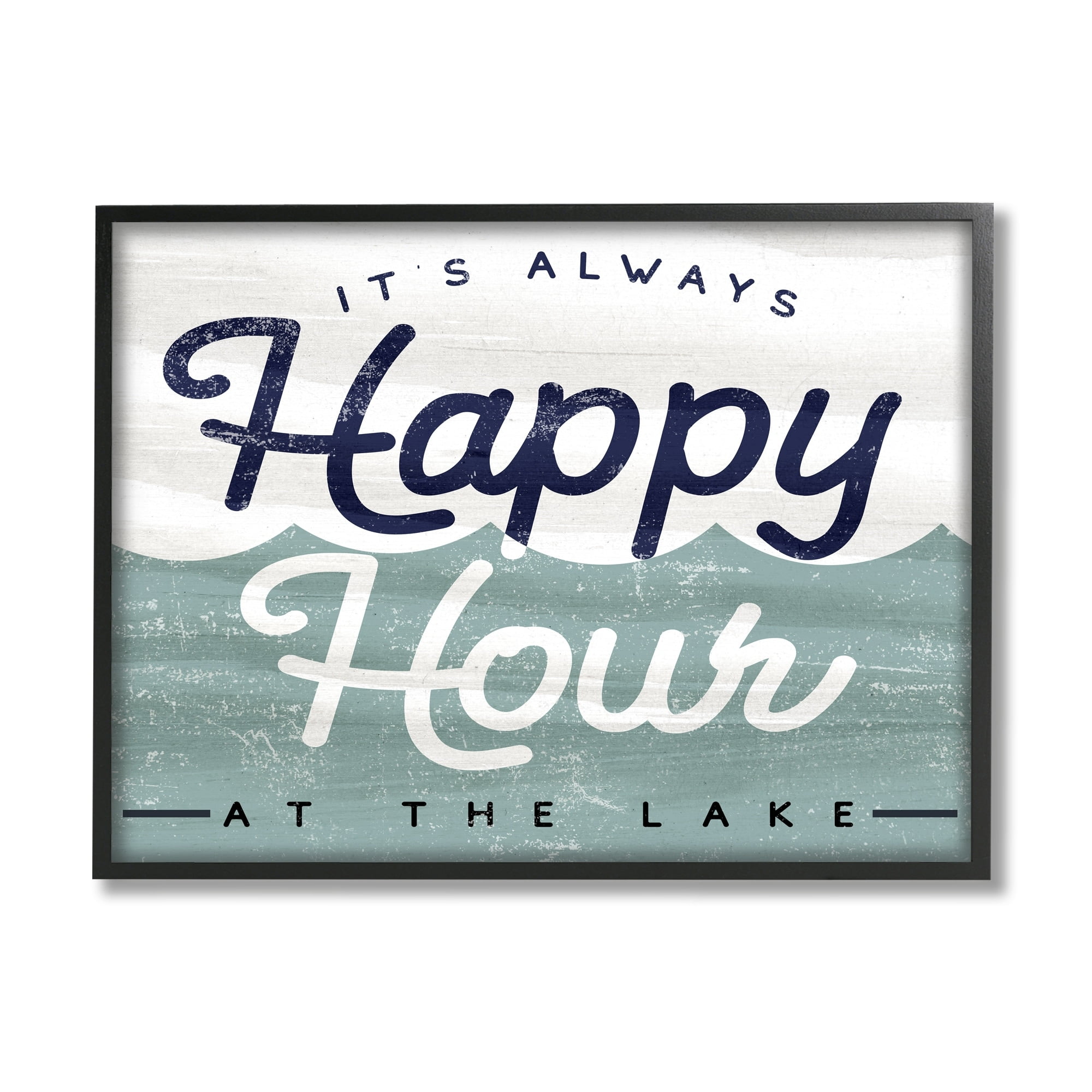 Stupell Industries Always Happy Hour Vintage Lake House Wave Signage Framed Wall Art, 30 x 24, Design by Lil' Rue