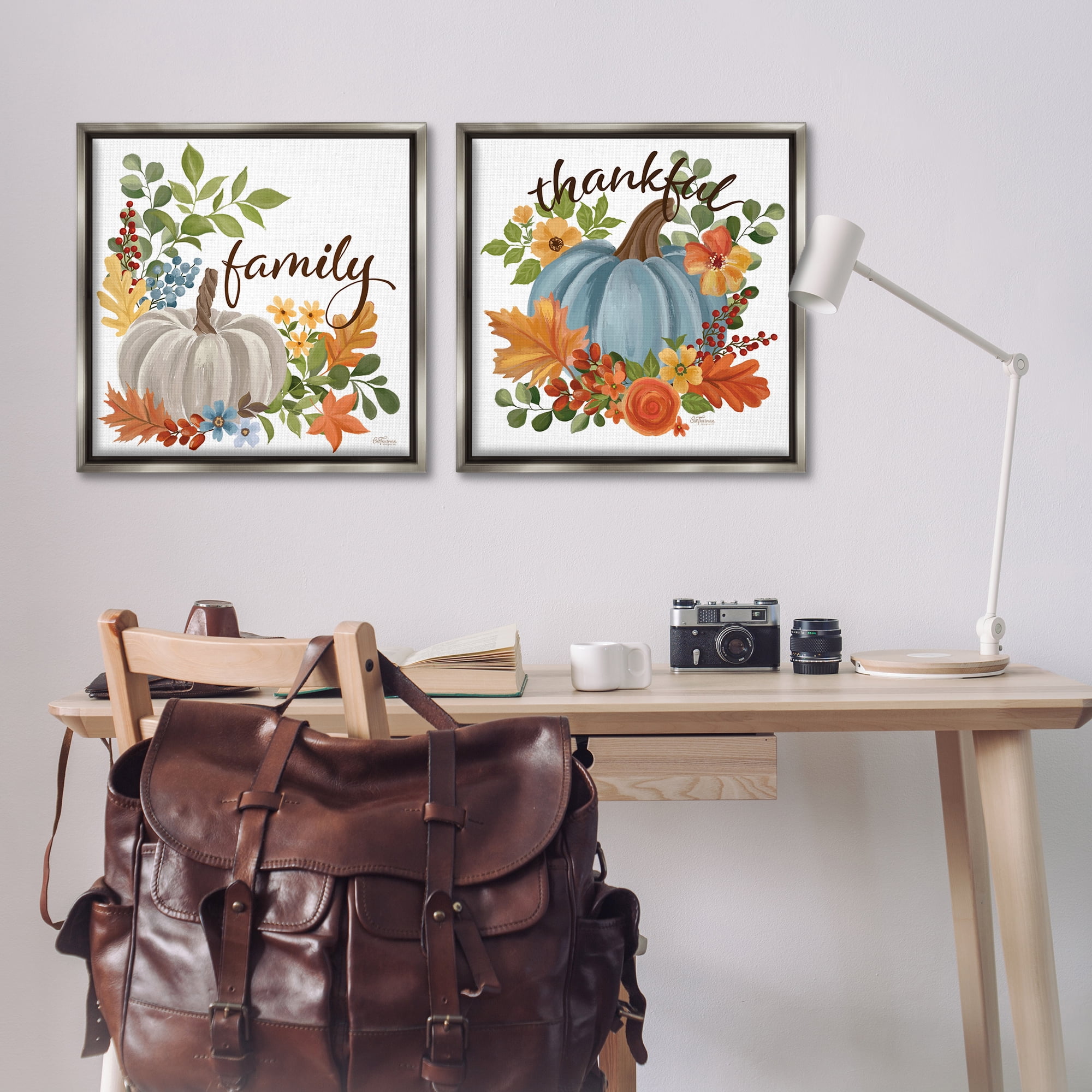 Stupell Industries Family Thankful Fall Pumkin Botanical & Floral Painting Gray Floater Framed Canvas Art Prints Wall Art, 25 x 25, Set of 2