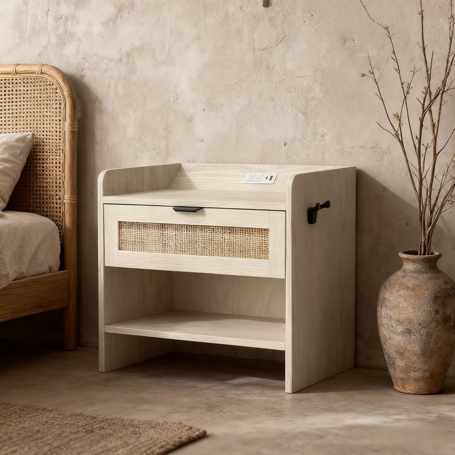 Historyli Bedside Table,Rattan Nightstand, Boho Night Stand with Type-C Charging Station,1 Storage Drawer,and Open Storage Space,End Table,Side Tables,Suitable for Bedroom,Living Room,Milky white