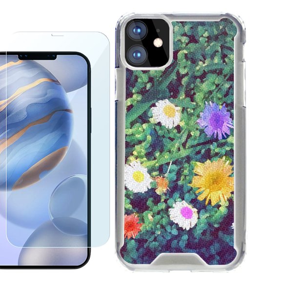 For Apple iPhone 12 Case, iPhone 12 Pro Case, Hybrid Bumper Phone case, with Tempered Glass Screen Protector, by OneToughShield ® - Daisy Paint