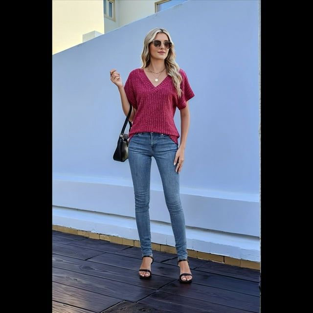 Camiseta Holgada Informal de Color Liso con Cuello en V para Mujer, Corta, Color Rojo Vino XXL