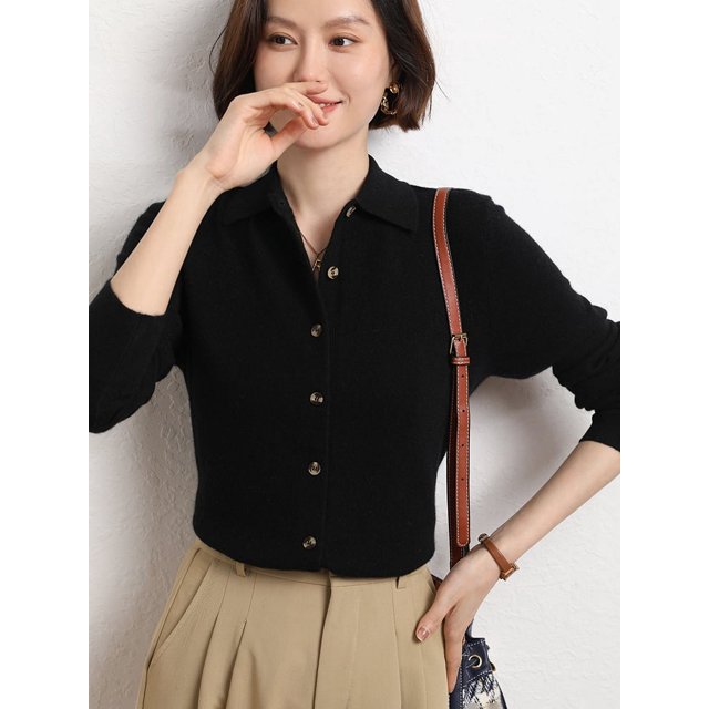 Suéter de mezcla de lana para mujer, cárdigan a medida con cuello tipo polo, chaqueta suave y holgada de punto informal a la moda para otoño e invierno