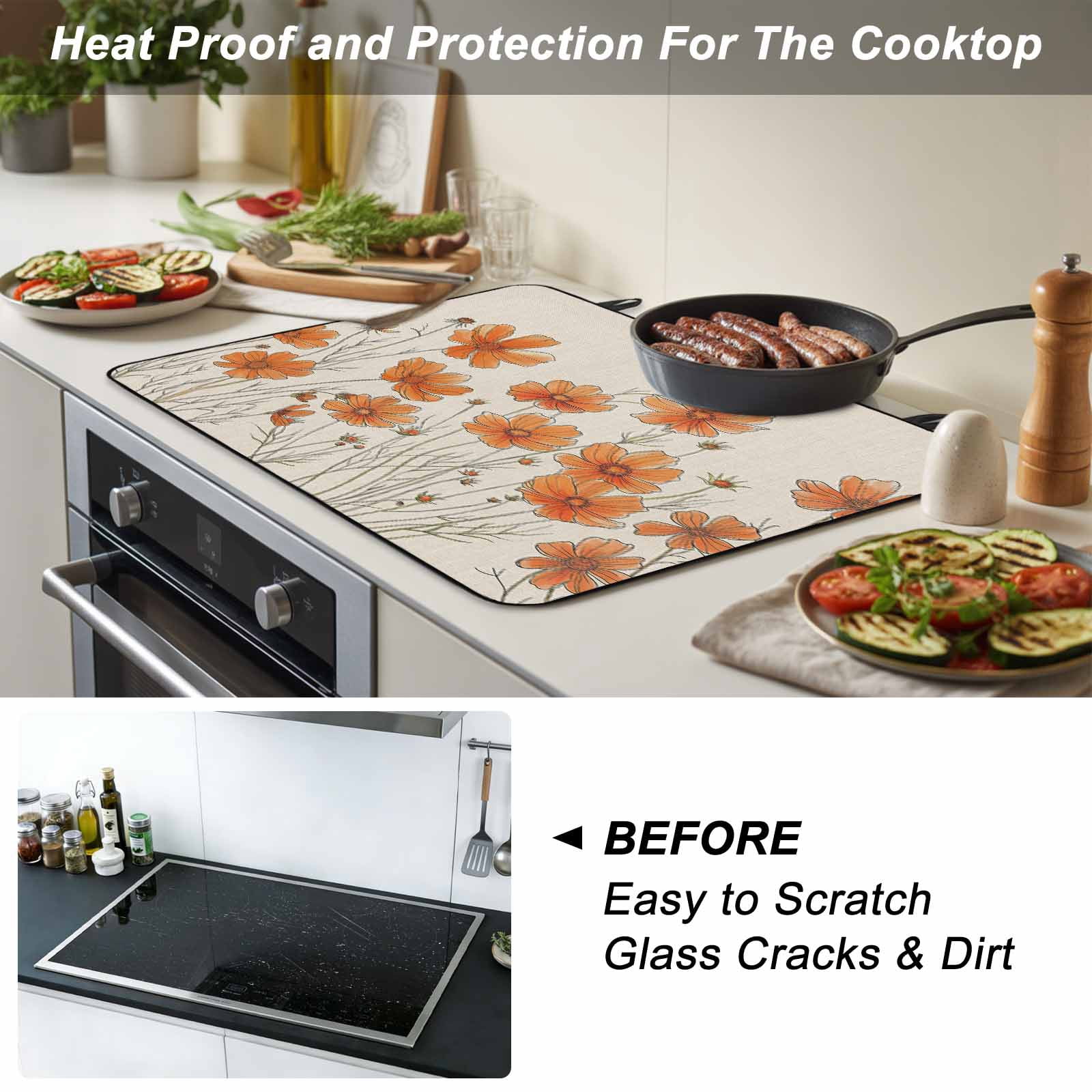 Orange Spring Floral Stove Top Cover for Electric Stove, Heat-proof & Non Slip Glass Top Stove Cover Protector, Summer Botanical Rustic Daisy Kitchen Flat Cooktop Rubber Mat 28.5x20.5 Inches