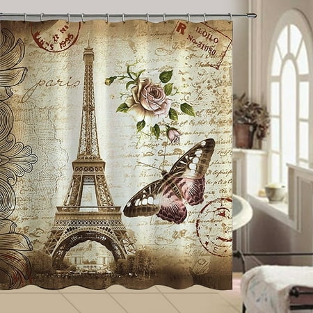79x71 Waterproof Eiffel Tower Shower Curtain With Hooks 3pcs Set