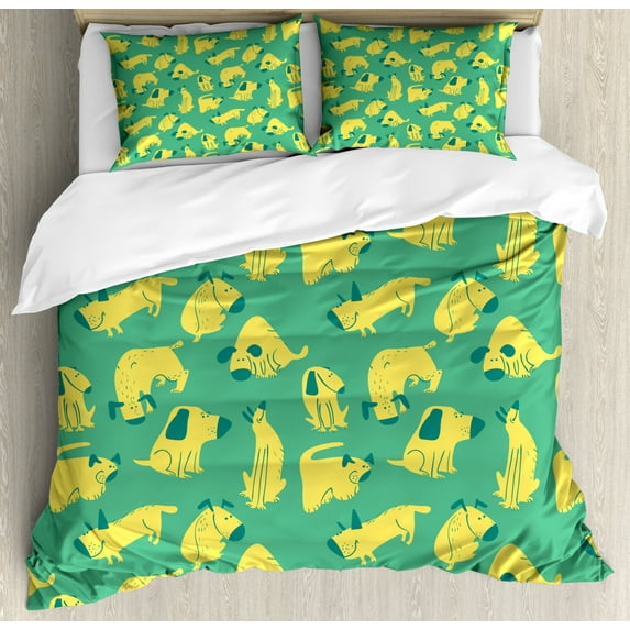 Dog Duvet Cover Set, Cartoon Style Pets Standing and Running Funky Doggies with Ears Up, Decorative 3 Piece Bedding Set with 2 Pillow Shams, Queen Size, Sea Green Pastel Yellow, by Ambesonne