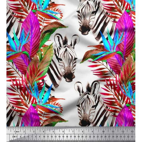 Soimoi White Rayon Crepe Fabric Tropical Leaves & Wild Animal Fabric Prints by Yard 46 Inch Wide