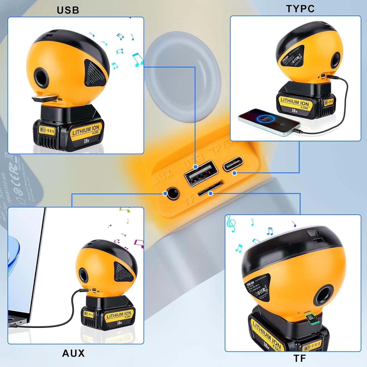 Bluetooth Speakers for Dewalt 20V Makita Milwaukee Bosch Ryobi Craftsman 18V Battery,Portable Speaker Wireless with HD Sound Pairing,Dynamic RGB Color for Jobsites,Outdoor,Home Party,Camping