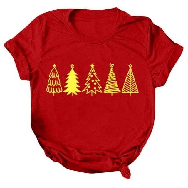 PMUYBHF Femme TG Rouge 4 Juillet Débardeur en Coton Femmes Coupe Ample Col Rond Femmes Noël Mode Décontractée Imprimé Arbres de Noël Manches Courtes Col Rond T-Shirt Ample Blouse Hauts
