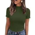 thumbnail image 2 of ClodeEU Women's Ribbed Knit Mock Neck T-Shirt, Short Sleeve Fitted Basic Top Army Green,Women's Plus L, 2 of 9