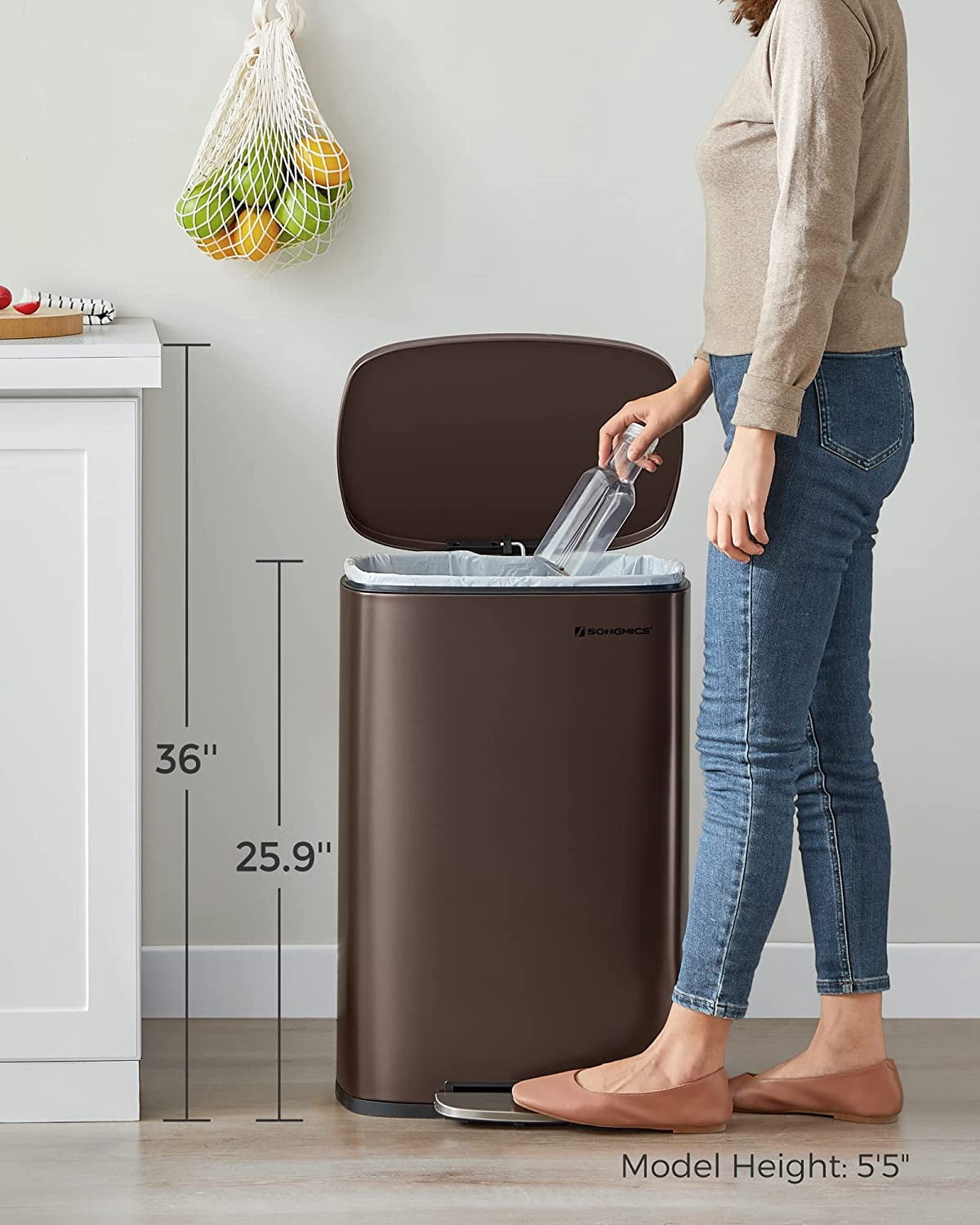 SONGMICS Kitchen Trash 13.2 Gallons (50L) Garbage Can Pedal Rubbish Bin with Plastic Inner Bucket Brown