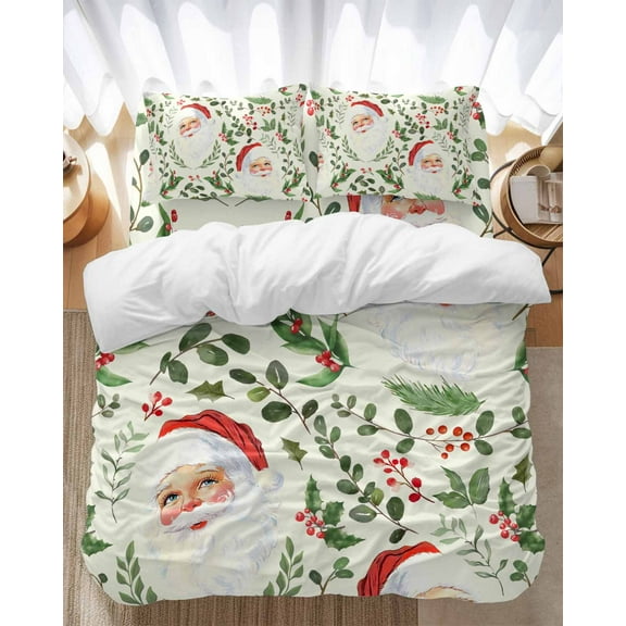 Christmas Santa Bedding Duvet Cover Set Full Size 4 Pieces Claus Holly Berry Eucalyptus Leaves Beige Bedding Set with Zipper Closure, 1 Comforter Cover 86x86 Inches 1 Flat Sheet & 2 Pillow Cases