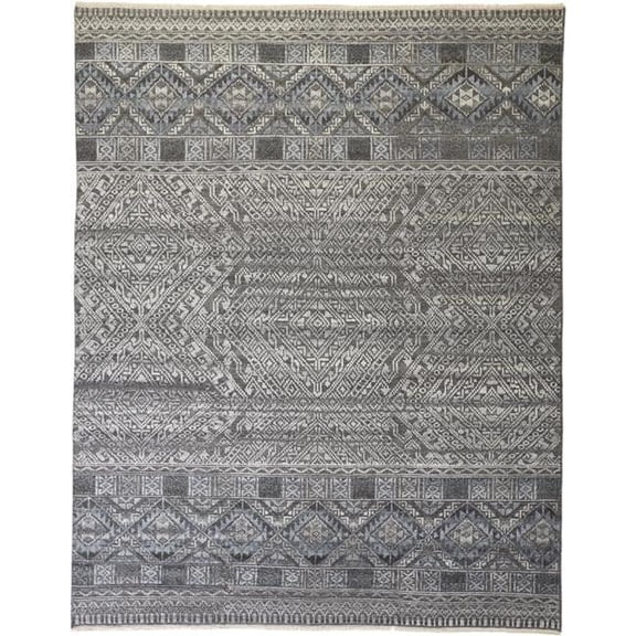 9 x 12 ft. Gray Ivory & Blue Geometric Hand Knotted Rectangle Area Rug