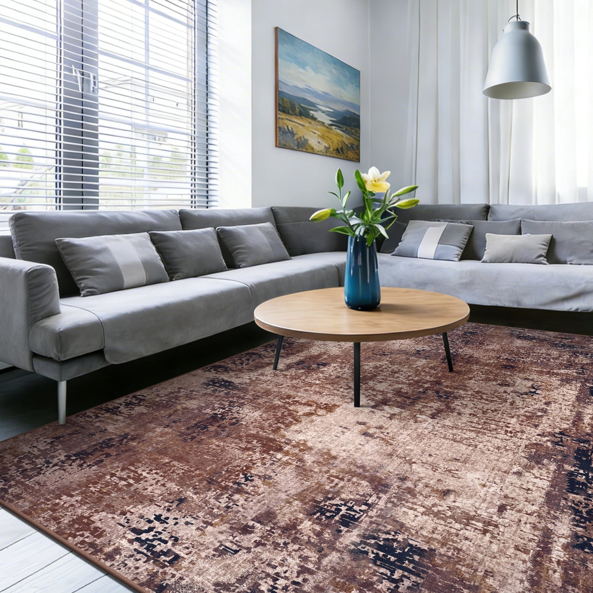 Arogan Modern Abstract Washable Rug for Living Room, Bedroom, Dining Room, Children's Playroom, Brown, 6' x 9'