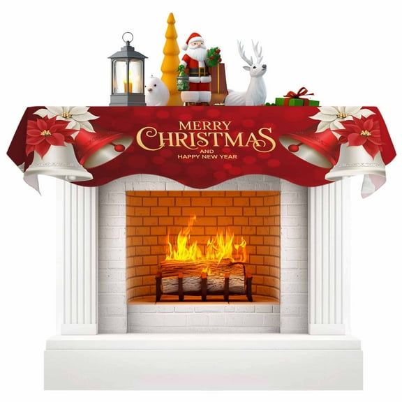 Merry Christmas Fireplace Mantle Scarf, Xmas Bells Poinsettia Winter Holiday Mantel Cover Table Runner for Home Living Room Door Window, Indoor Outdoor Holiday Party Decor 17" x 60"