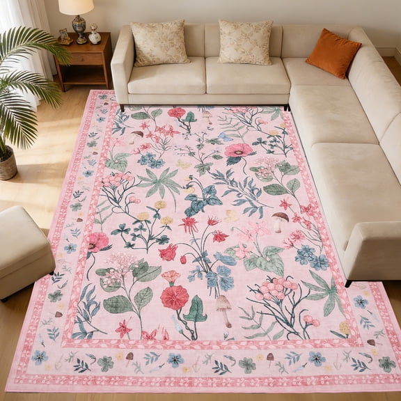 8x10ft Washable Floral Area Rug - Non-Slip, Low Pile, mark Resistant Carpet for Living Room, Bedroom, Dining Room -Pink