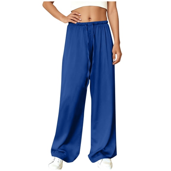 XFLWAM Womens Satin Pants Drawstring Elastic High Waist Wide Leg Pants Casual Loose Fit Lounge Office Work Flowy Trousers