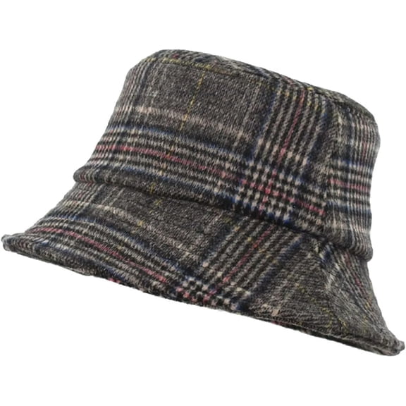 PTSPLLMY Bucket Hats for Men Winter Warm Vintage Plaid Fisherman Hats Flat Unisex Lattice Wool Basin Hat Soft Foldable