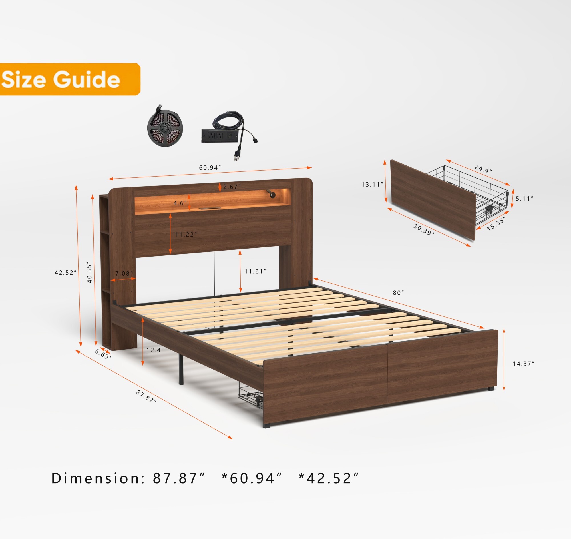 AENKYO Queen Size Bed Frame with Bookshelf Headboard, Charging Station, 2 Drawers & Smart LED Lights, Walnut Color