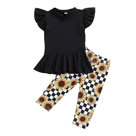 

One opening Kids Girls Top Floral Trousers Short Sleeve Ruffle Round Collar High Waist Flouncing Hem Elastic Clothes