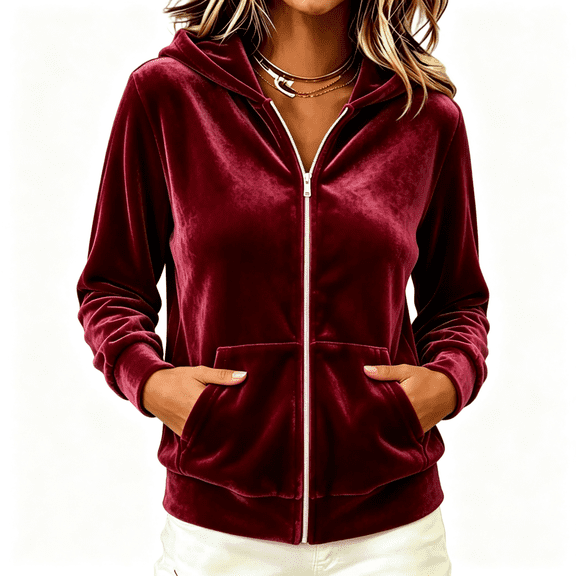 Womens Elegant Velvet Jacket with Hood Loose Fit Full Zip Soft Warm Casual Fall Winter Jacket Wine XL