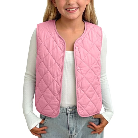 Cethrio Girls Thermal Vests Size 10-12, Sleeveless Lightweight Front Button Warm Winter Outerwear Pink