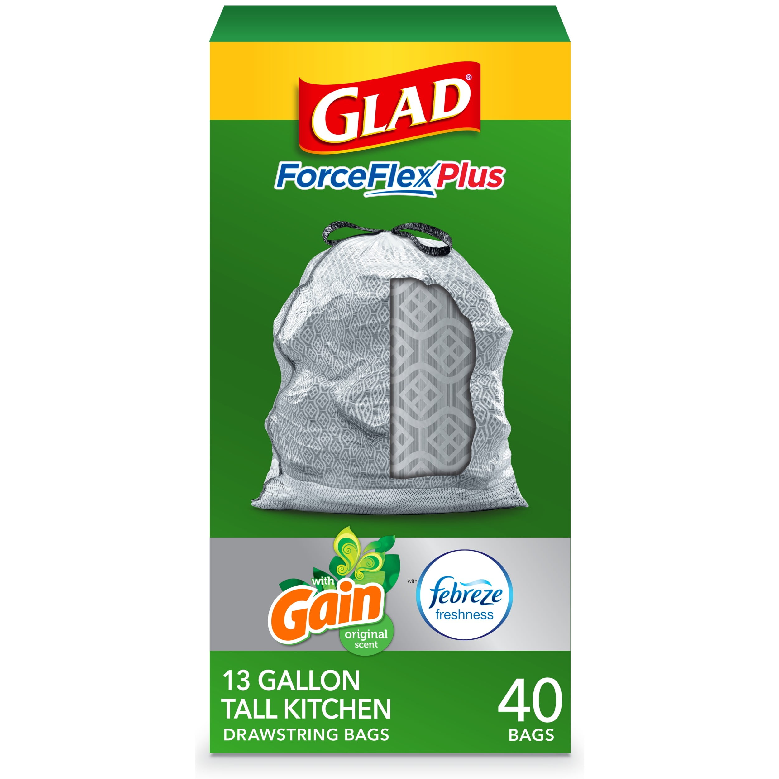 Glad ForceFlexPlus Tall Kitchen Trash Bags, 13 Gallon, 40 Bags (Gain Original Scent, Febreze Freshness)