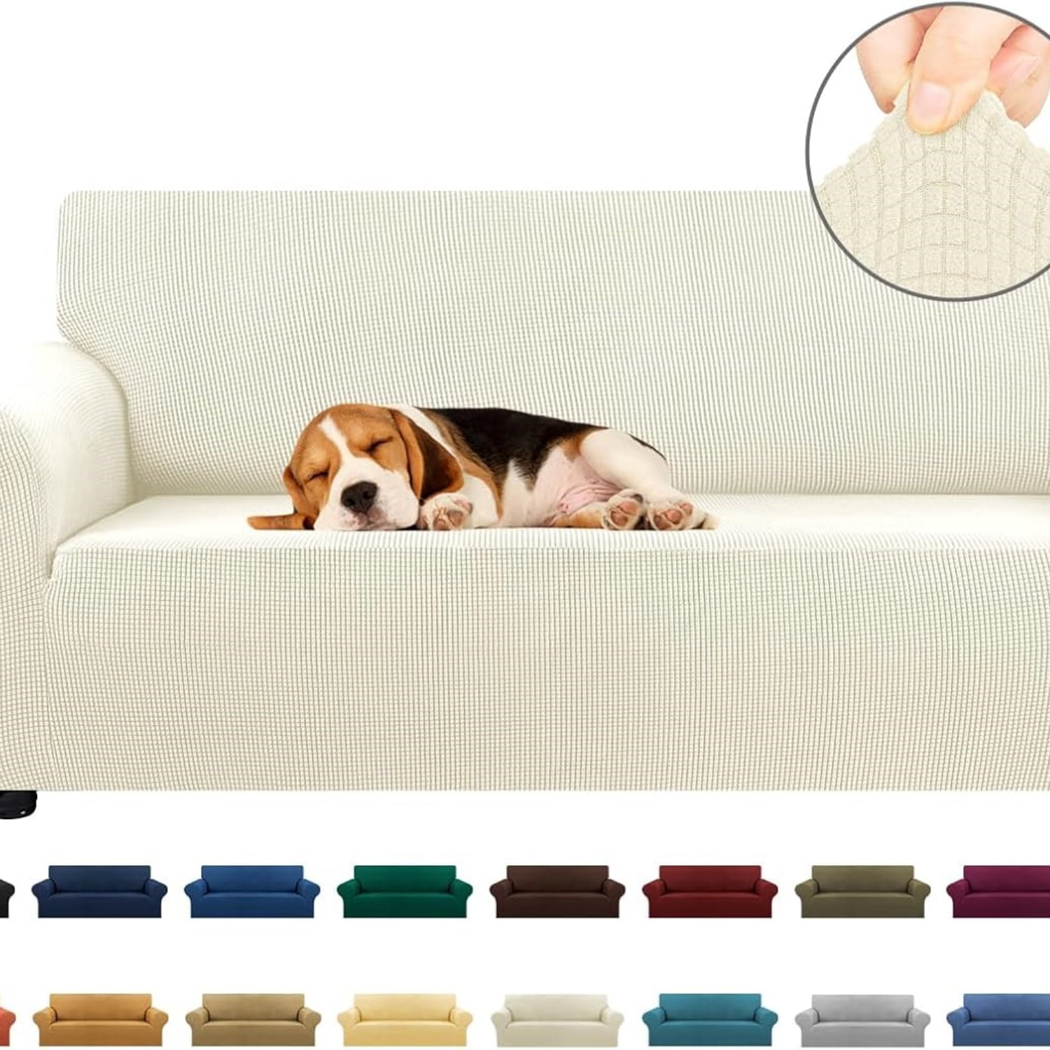 Stretch Sofa Cover Slipcover ，Couch Covers for 3 Cushion Couch Sofa pet Friendly (78"-94") Furniture Protector Sofa with Elastic Bottom, Jacquard Small Checked(Large,Beige)