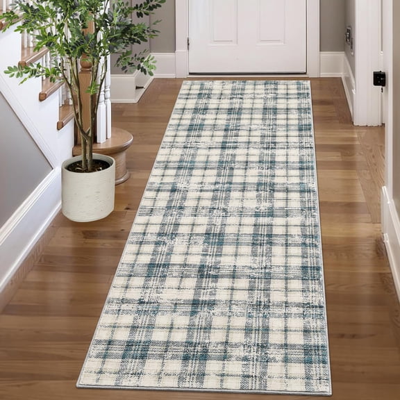 Irregular Plaid Runner Rug – Washable Non-Slip Low Pile Carpet for Entryway Kitchen Hallway, Mark Resistant Machine Washable Accent Mat, Blue/Beige (2x6 ft)