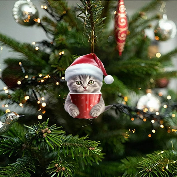 Colgante Navideño con Forma de Taza de Acrílico Plana y Diseño de Gatos.