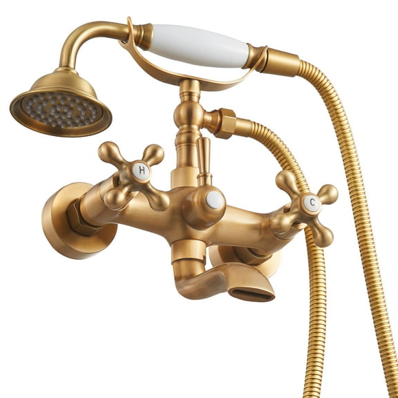 KFFKFF Wall-Mounted Clawfoot Tub Faucet with Handheld Shower, Vintage Brushed Gold Finish, Adjustable Swing Arms, and 360° Rotating Spout for Bathtubs