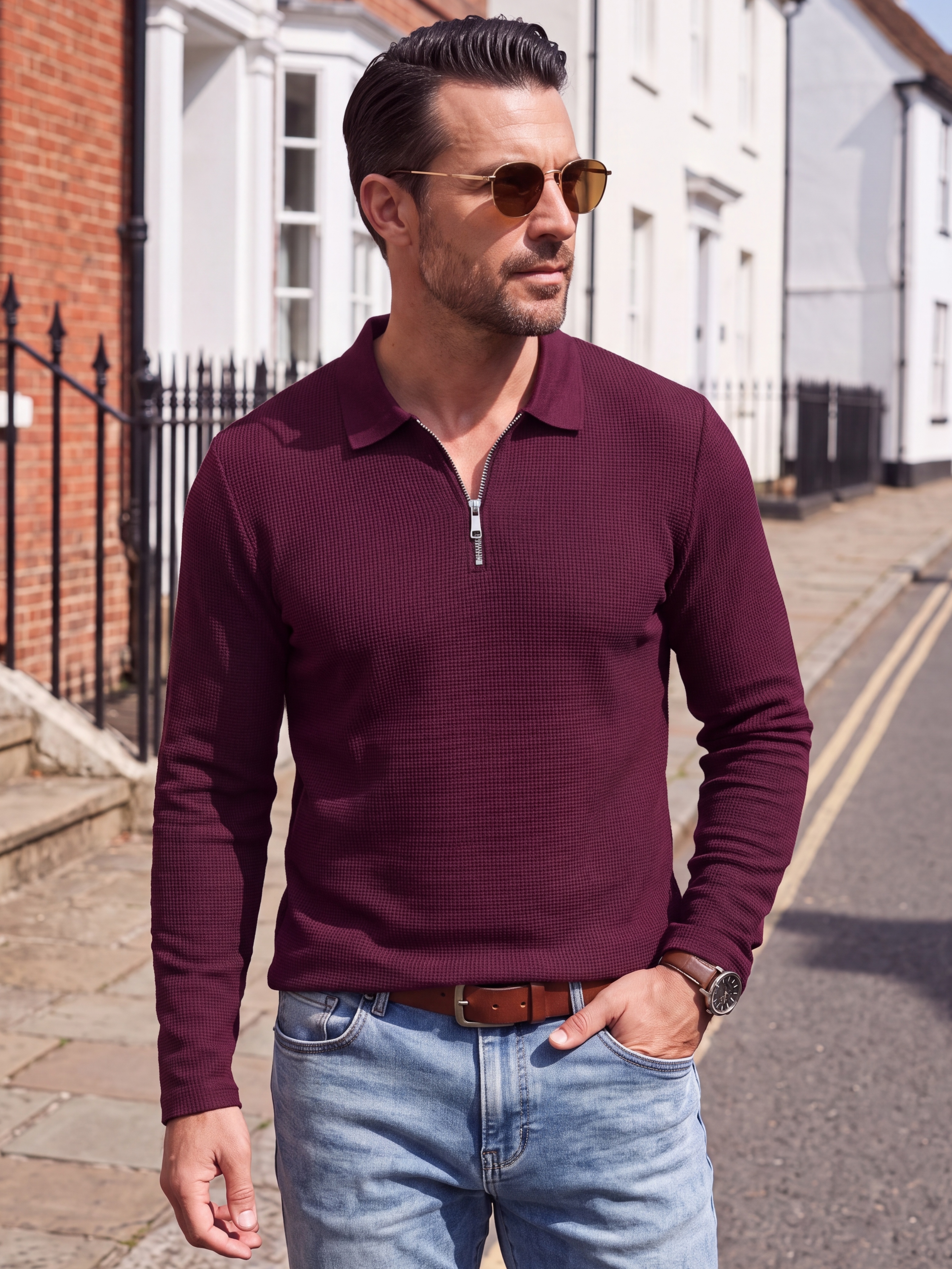 GIRUNS Men's Long Sleeve Quarter-Zip Waffle Knit Polo photo 7