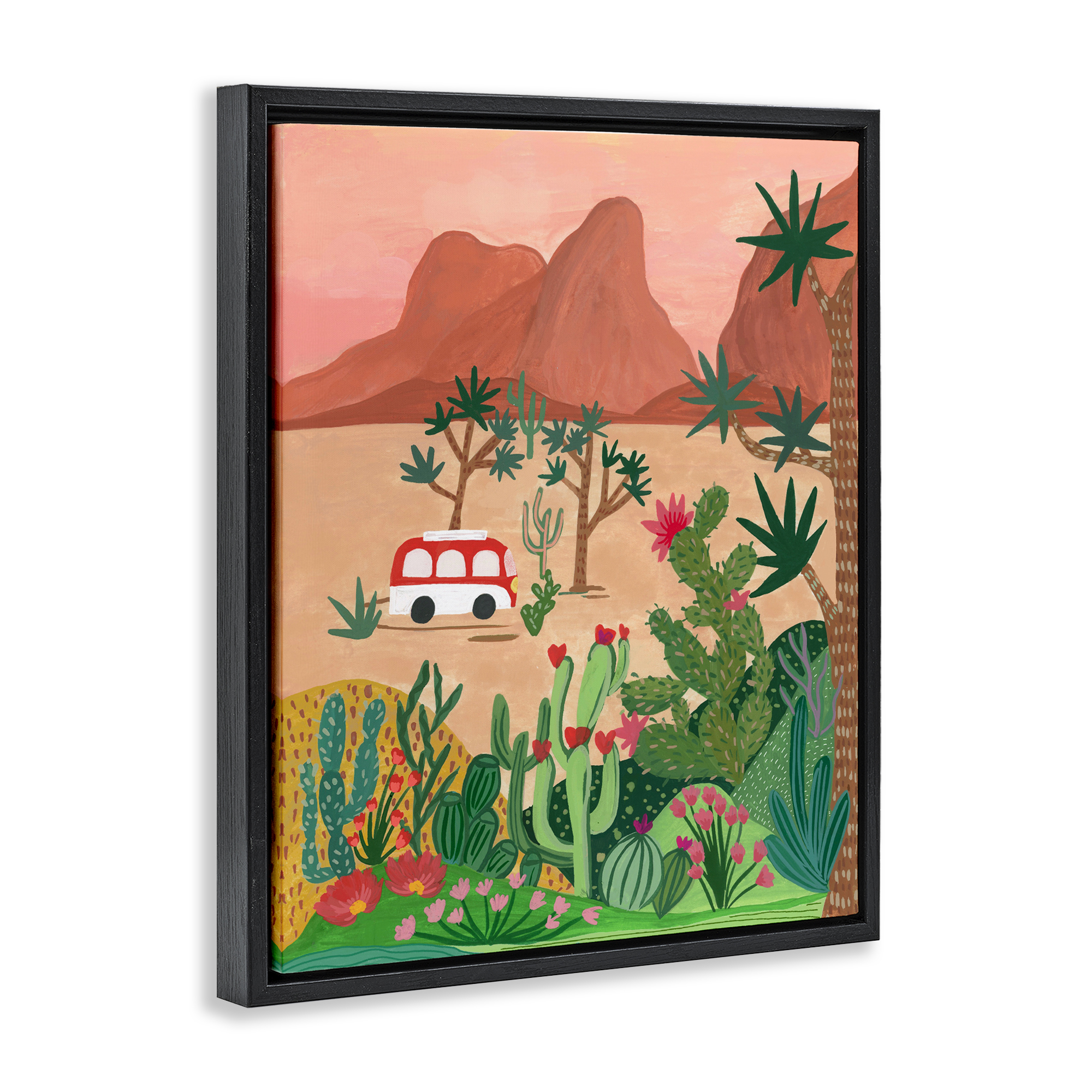 Desert Camper & Cacti Black Framed Floater Canvas Wall Art, design by Nabeela Rumi