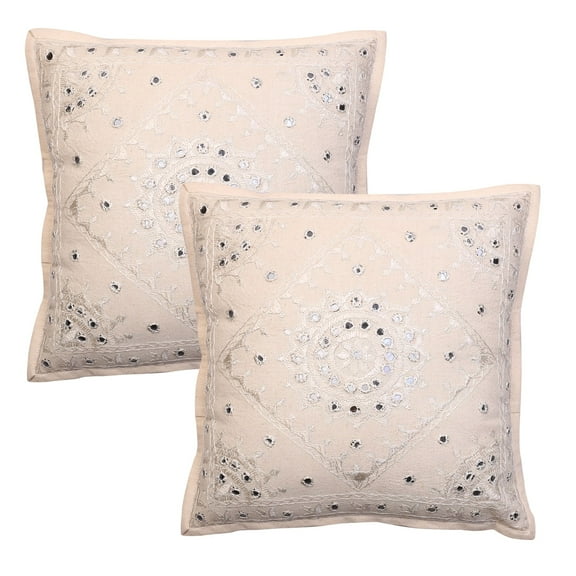 Stylo Culture Indian Chair Seat Throw Pillow Covers 16 x 16 Hand Embroidered Off White Bohemian 40cm x 40cm Home Decor Cotton Mirrored Square Cushion Covers | Set Of 2