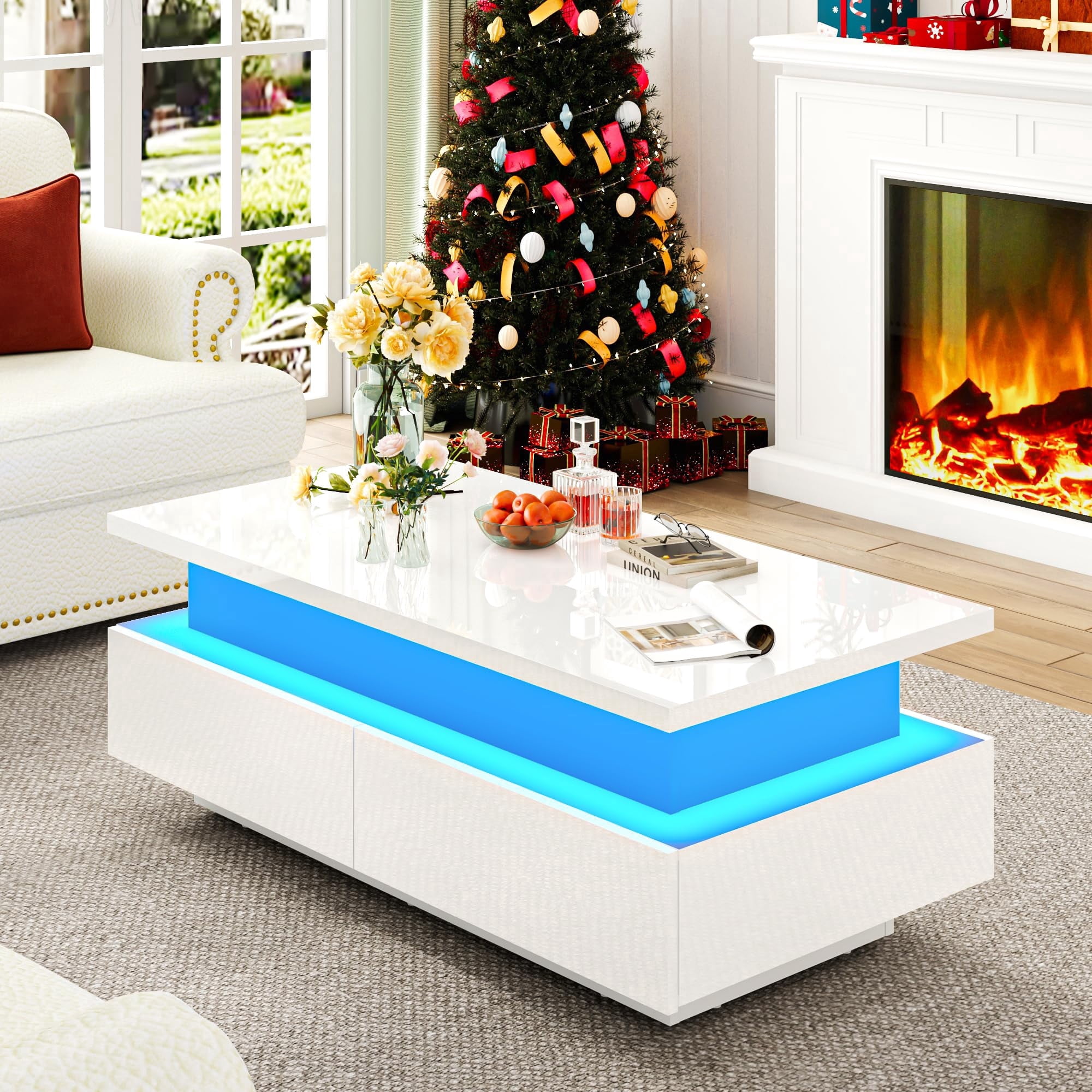 ANPOO 43.3" High-Glossy LED Coffee Table with 2 Sliding Drawers, Lift top Storage Coffee Table with Power Outlet and LED Lights for Living Room, Modern Stylish Double-Layer Center Tables, White
