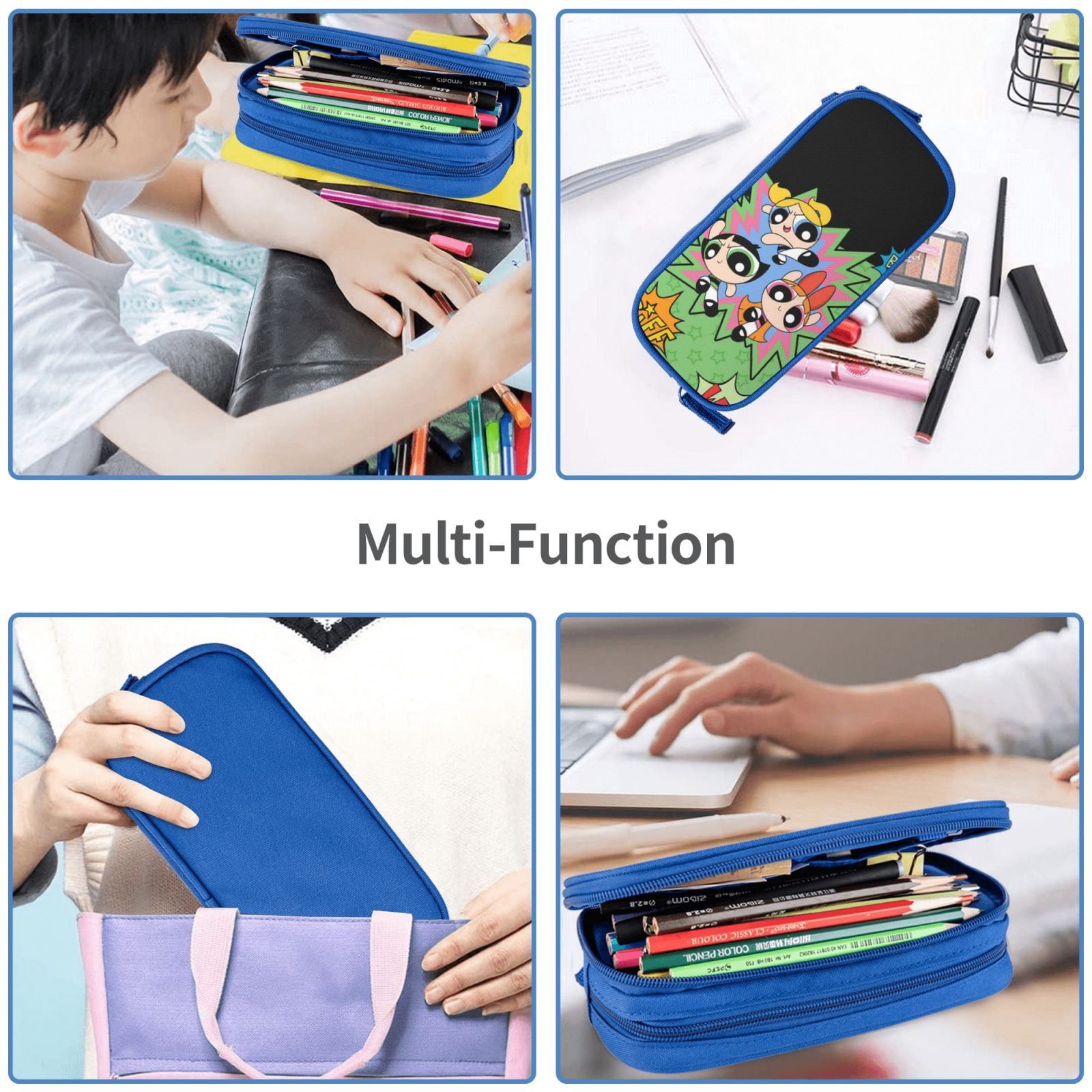The Powerpuff Gi-rls Pencil Case Large Capacity Pencil Pouch Penbag Office Stationery Organizer Travel Makeup Bag Blue