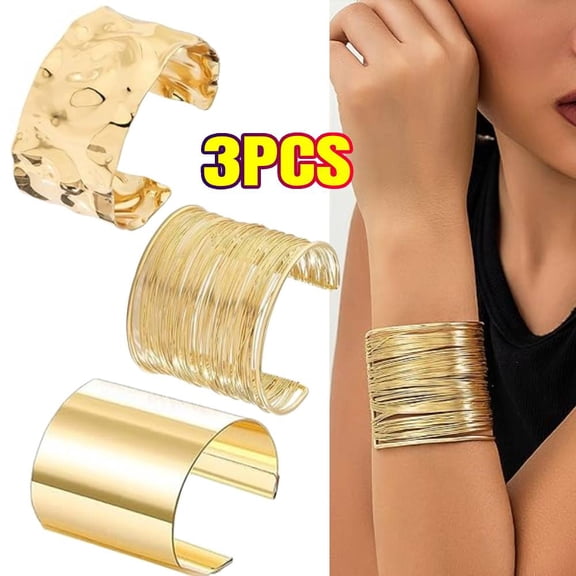 3 Pack Chunky Gold Cuff Bracelets for Women Gold Statement Bangle Bracelets Set Arm Cuff Upper Arm Punk Jewelry