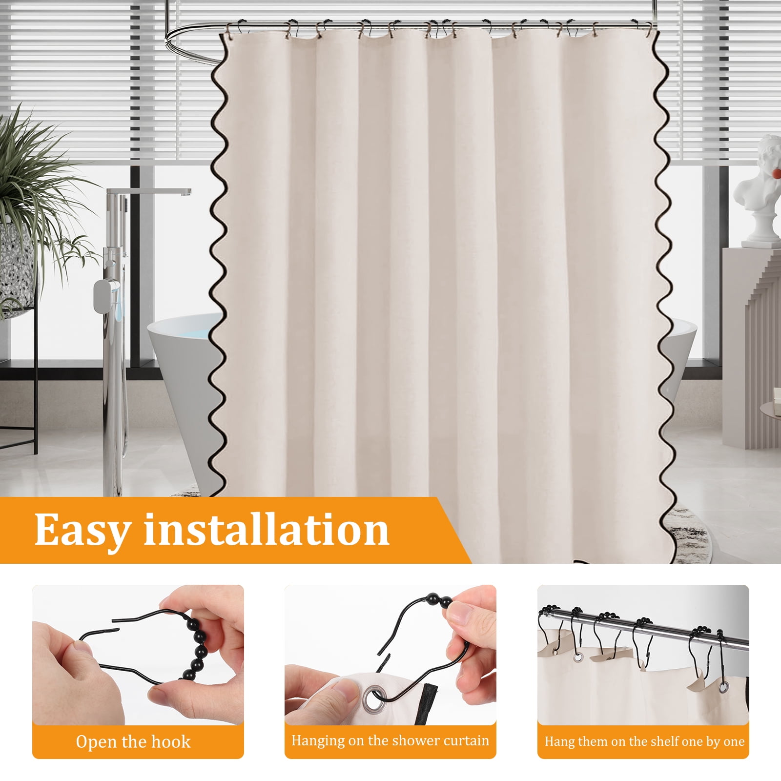 Dznils Black Scalloped Boho Shower Curtain with Hooks, Water-Repellent Thick Linen Fabric Bathroom Curtain, Beige, 72" x 72"