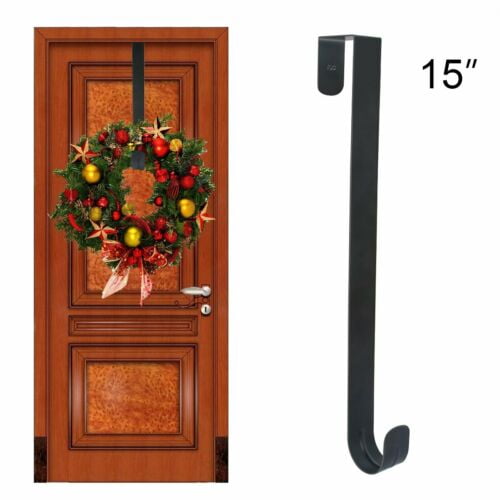 12' 15' Long Over The Door Hanger Front Door Wreath Metal Hook Home Organizer, Black, 15in