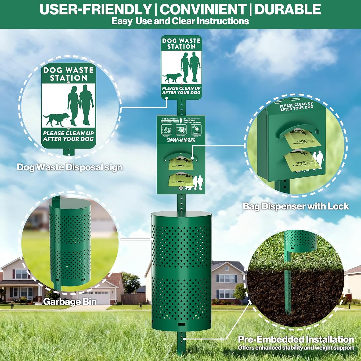 POCHAR Aluminum Rustproof Dog Waste Disposal Station for Pet Parks - 10 Gallon Outdoor Pet Poop Disposal Bin with Reflective Sign & Lid - Included 600 Pet Waste Bags (Green)