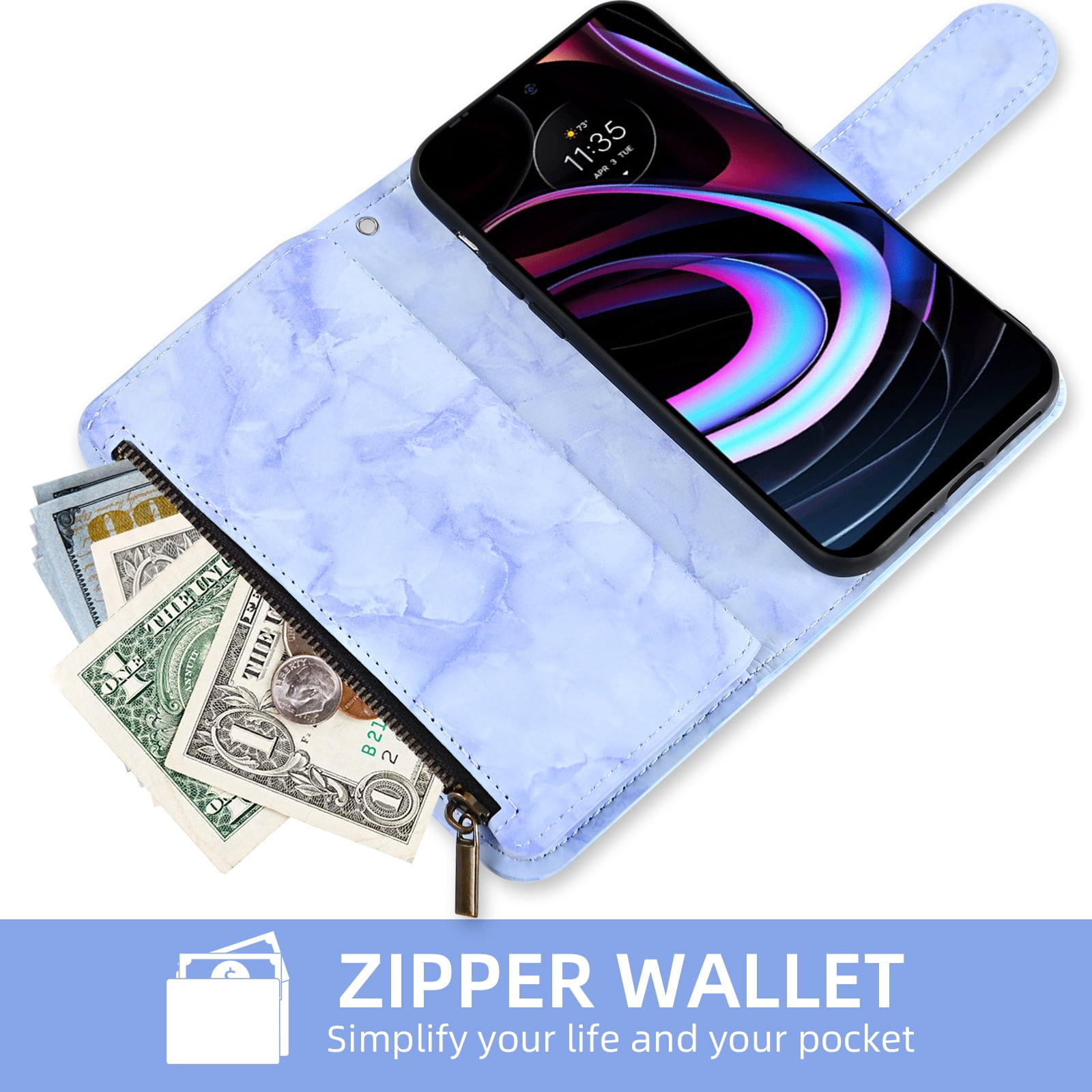 Compatible with Motorola Moto Edge 2021/MotoEdge 5G UW 2021 Wallet Phone Case and Tempered Glass Screen Protector Marble Faux Leather Flip Credit Card Holder Stand Zipper Cell Cover for XT2141-1 Blue
