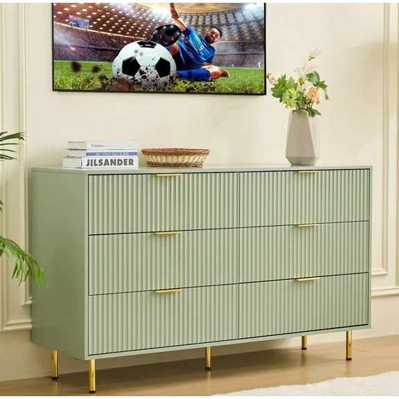 HRYJ 56" Wide Sage Green Dresser  Bedroom  Furniture Bedside Table  Chest of 6 Drawers Cabinet