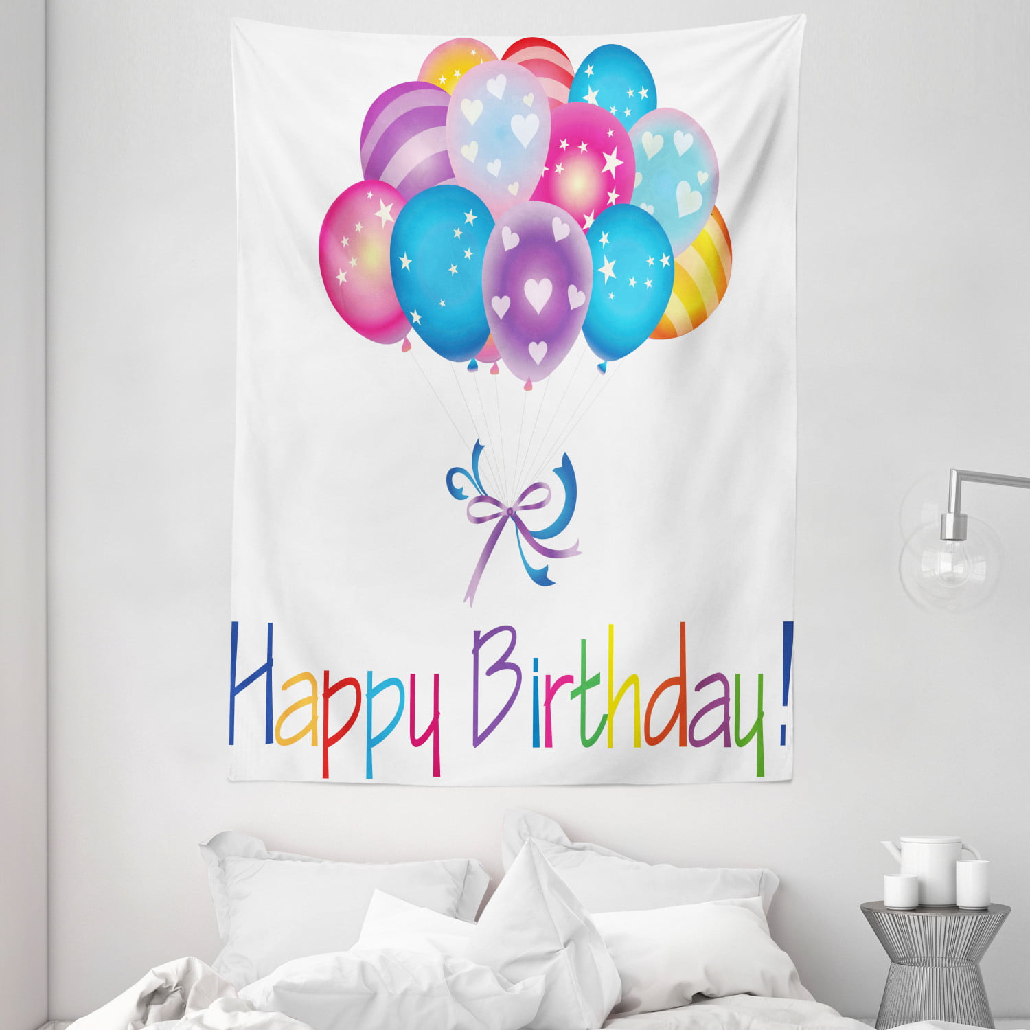 Birthday Decorations Tapestry, Balloon Bouquet with Stars and Heart Shapes  Best Wishes Joyfulness, Wall Hanging for Bedroom Living Room Dorm Decor,  60W X 80L Inches, Multicolor, by Ambesonne