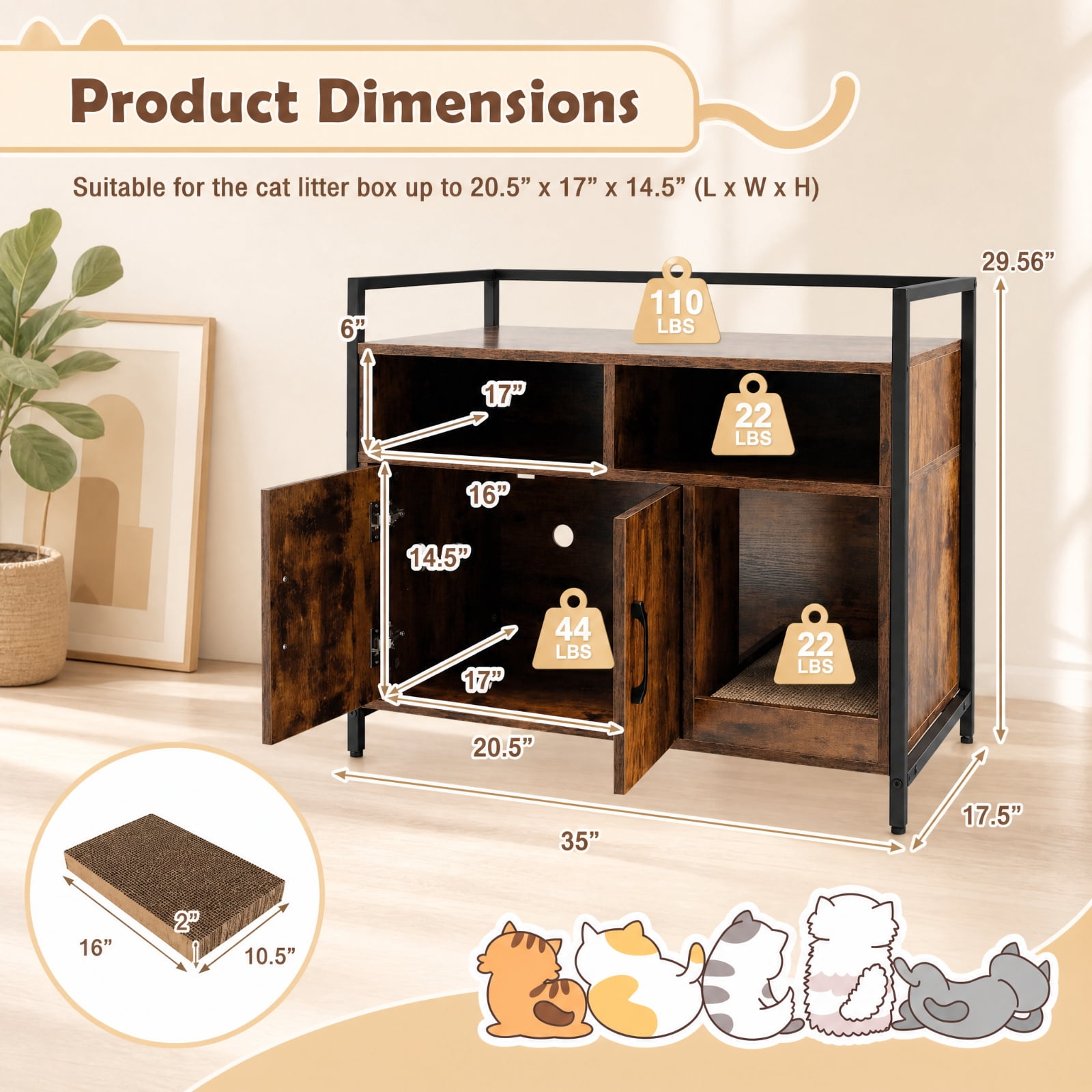 SUGIFT Hidden Cat Litter Box Furniture with Double Doors, Enclosed Cat Washroom Side Table Cabinet with Scratch Cardboard, Coffee