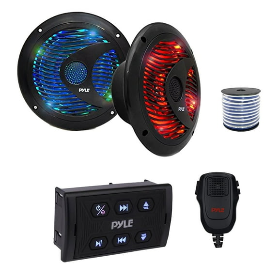 Pyle PLMRSQMIC Marine Wireless Bluetooth Controller w/Handheld Mic, 2x 6.5'' 150 Watt Max Dual Cone Marine Multicolor LED Outdoor Audio Speakers (Black) w/Wire
