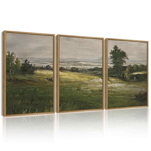 Drsoum Vintage Wall Art Vast Grassland Landscape Painting Retro Meadow Scenery Farmhouse Bedroom Above of Bed Living Room Decor 12x16in3pcs Brown Framed