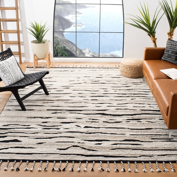 SAFAVIEH Casablanca Betty Abstract Striped Shag Area Rug, Charcoal/Ivory, 5' x 8'