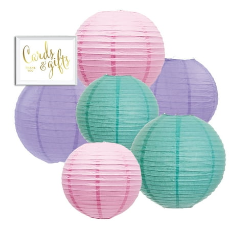 Andaz Press Blush Pink, Mint Green, Lavender Hanging Paper Lanterns Decorative Kit, 6-ct with Free Gifts Table Party Sign
