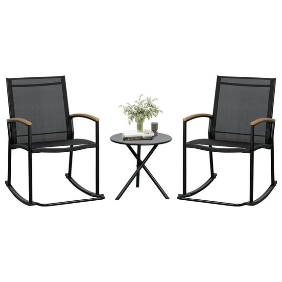 3-Piece Patio Bistro Sets, Outdoor Breathable Rocking Chairs & Black Furniture Conversation Set-Two Chairs with Coffee Table Black
